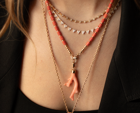 ORANGE VINTAGE CORAL NECKLACE WITH 14K GOLD AND DIAMOND FRONT CLASP