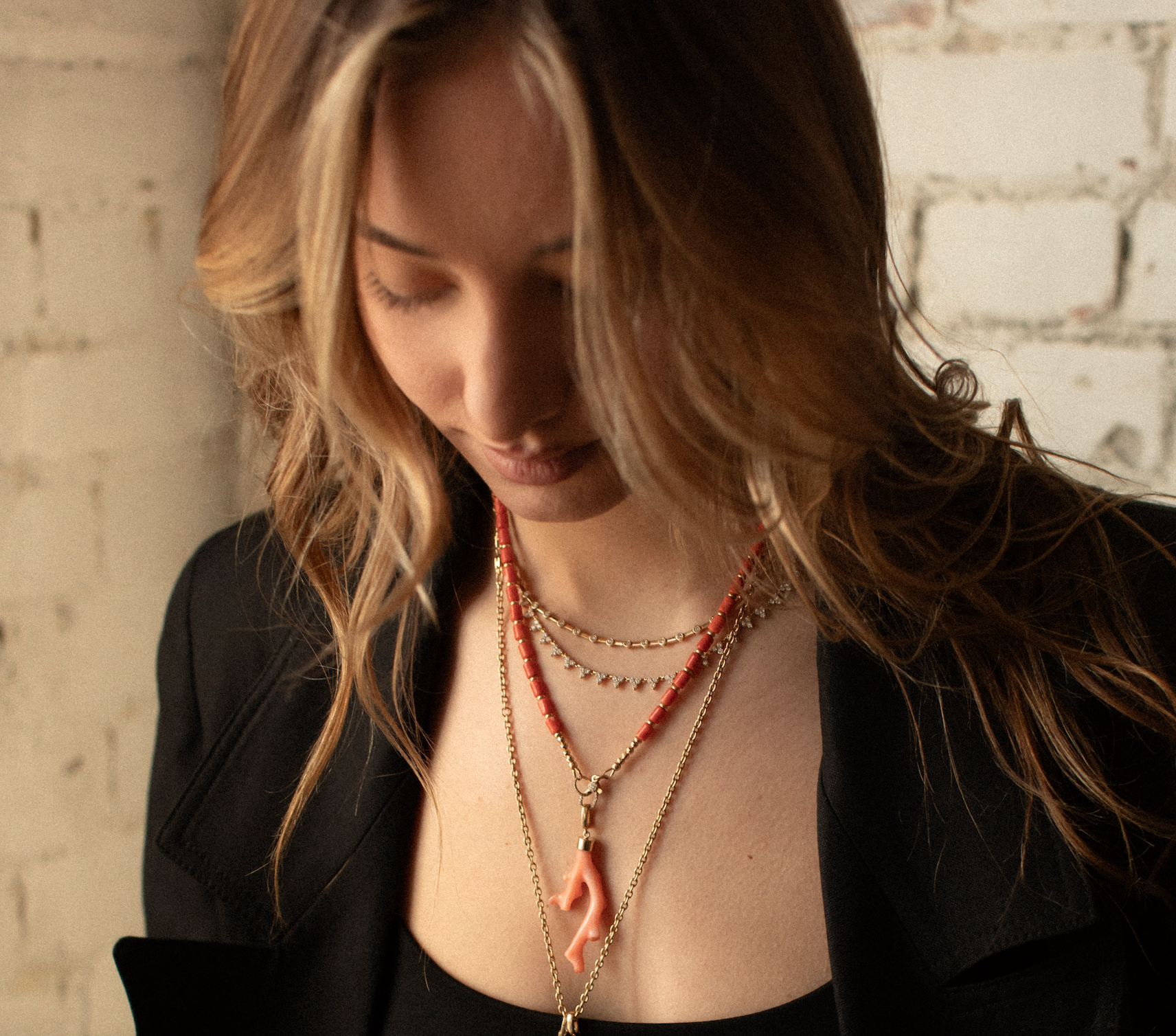 ORANGE VINTAGE CORAL NECKLACE WITH 14K GOLD AND DIAMOND FRONT CLASP