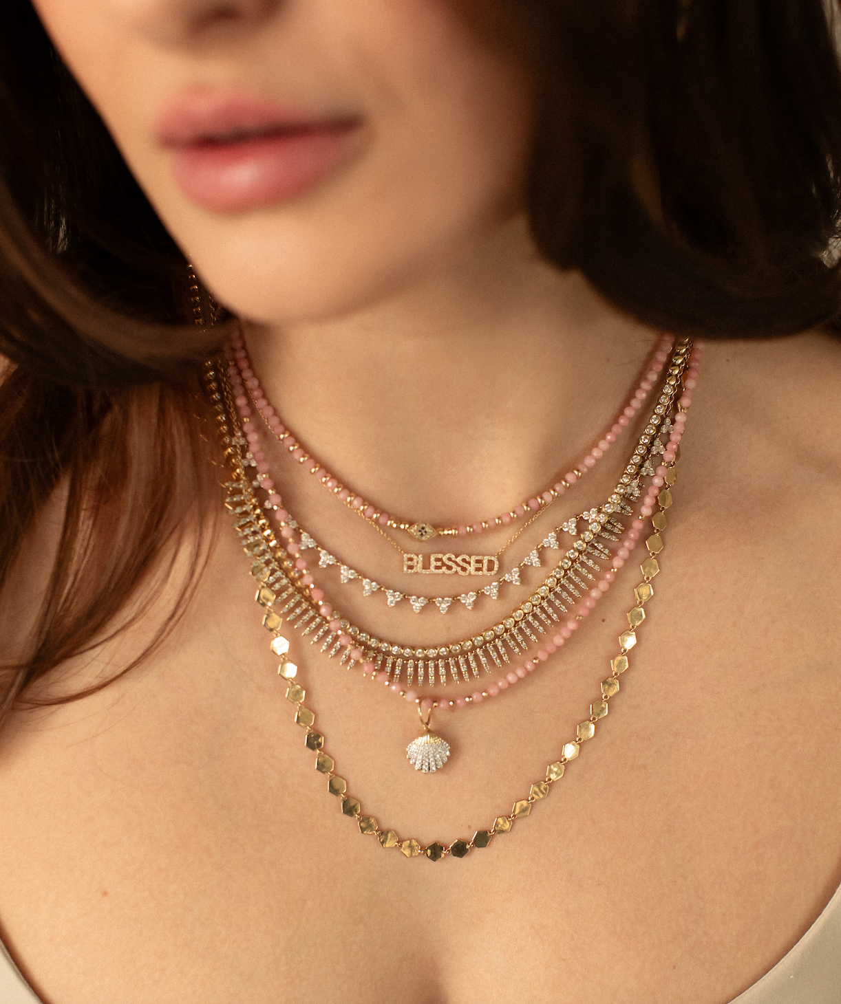 14K GOLD PINK OPAL NECKLACE WITH DIAMOND EVIL EYE BEAD