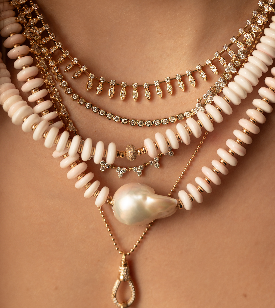 8MM PINK SHELL & 14K GOLD & DIAMOND BEAD NECKLACE
