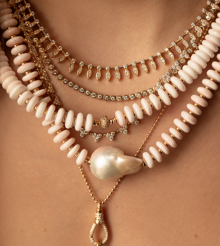 8MM PINK SHELL & 14K GOLD & DIAMOND BEAD NECKLACE