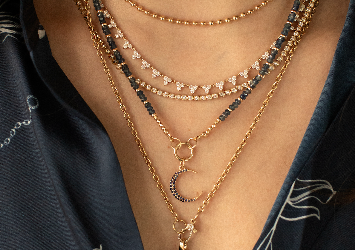 BLUE SAPPHIRE AND 14K GOLD CRESCENT MOON