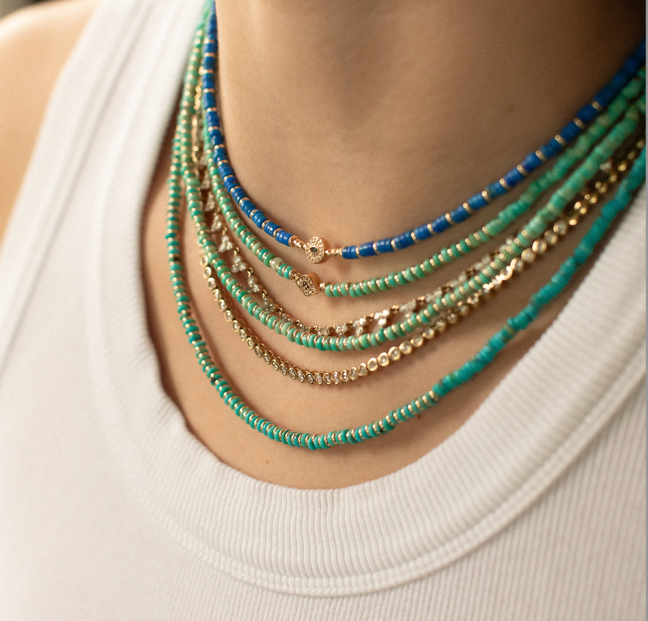 BLUE GEMS WITH 14K GOLD &  DIAMOND EVIL EYE PROTECTION BEAD