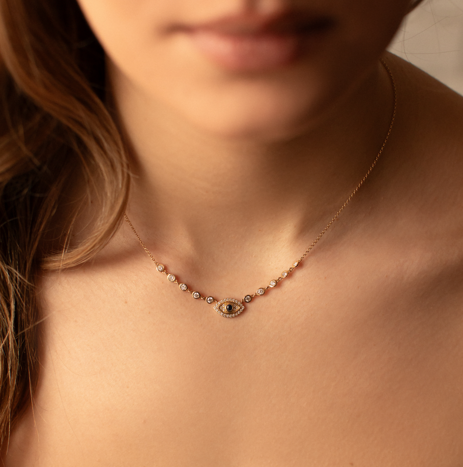 14K GOLD AND DIAMOND EVIL EYE NECKLACE