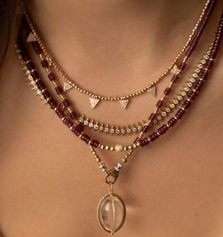 GARNET & 14K SOLID GOLD NECKLACE WITH GOLD AND DIAMOND FRONT FACING CLASP