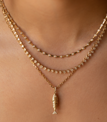 BEZEL DIAMOND TENNIS NECKLACE WITH GOLD BARS