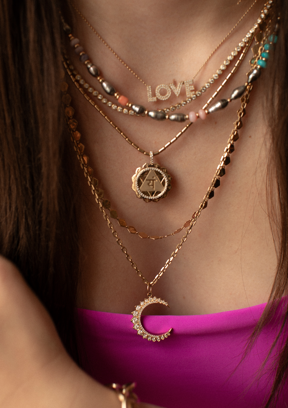 TAHITIAN KESHI PEARL NECKLACE WITH 14K GOLD AND MIXED GEMS. ONE OF A KIND.