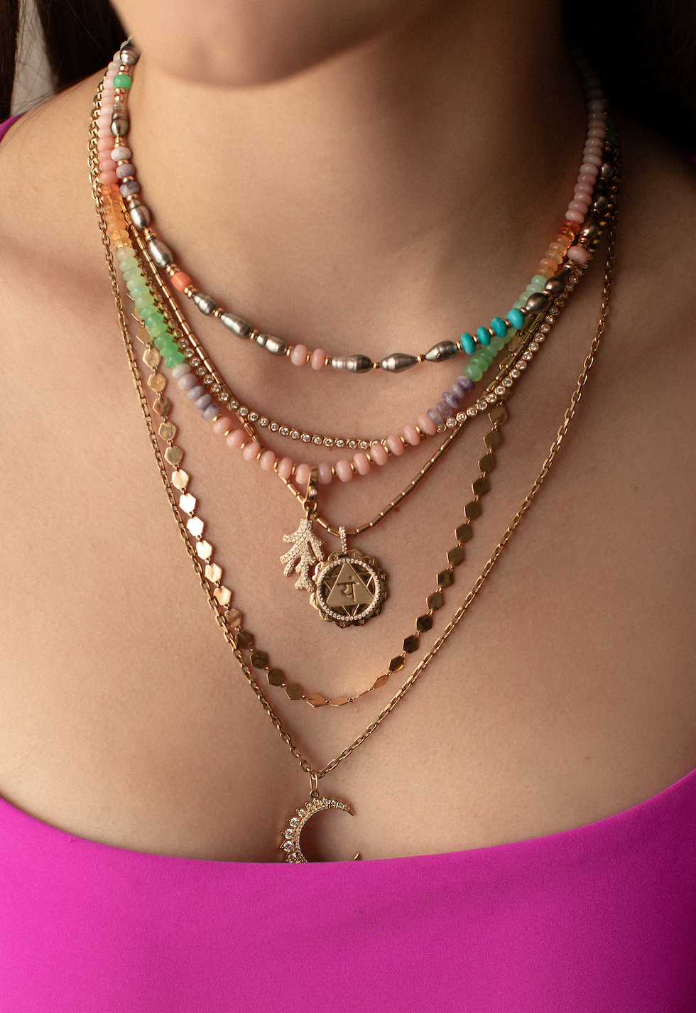 TAHITIAN KESHI PEARL NECKLACE WITH 14K GOLD AND MIXED GEMS. ONE OF A KIND.