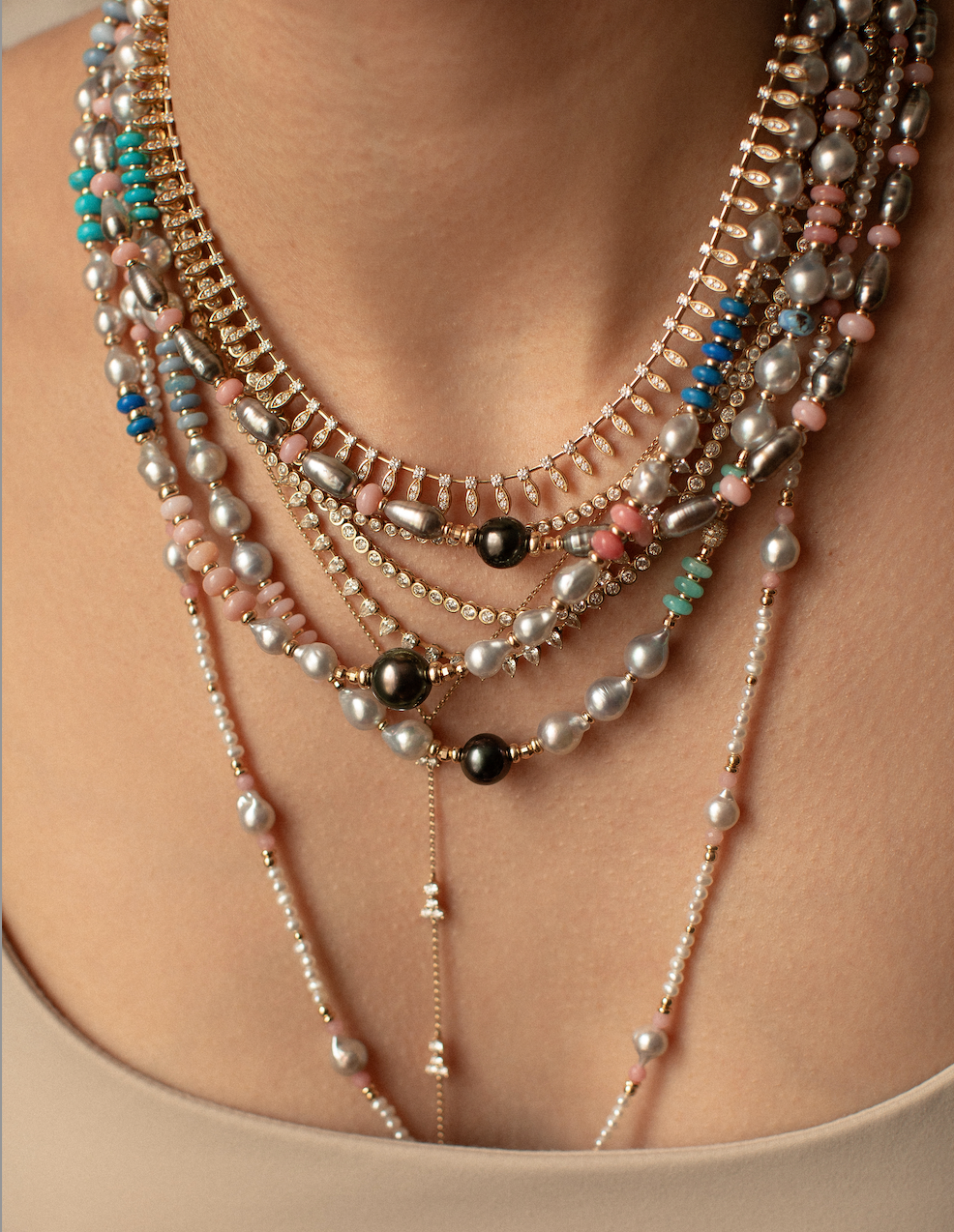 TAHITIAN KESHI PEARL & PINK OPAL NECKLACE. ONE OF A KIND