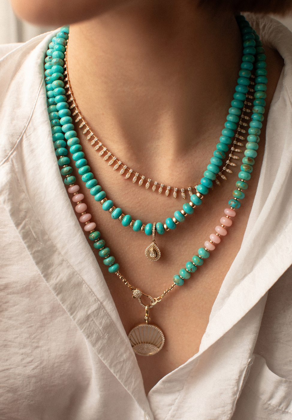 TURQUOISE NECKLACE WITH PINK OPALS AND 14K GOLD & DIAMOND CLASP