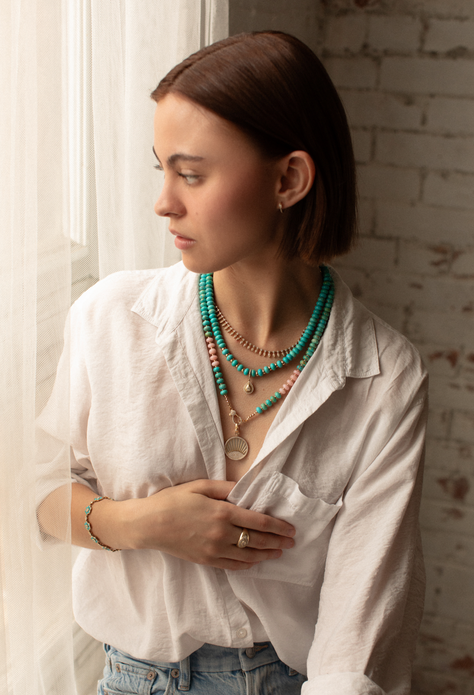 TURQUOISE NECKLACE WITH PINK OPALS AND 14K GOLD & DIAMOND CLASP