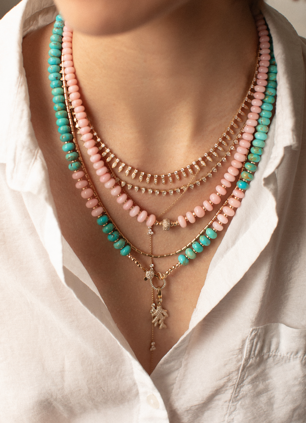 TURQUOISE NECKLACE WITH PINK OPALS AND 14K GOLD & DIAMOND CLASP