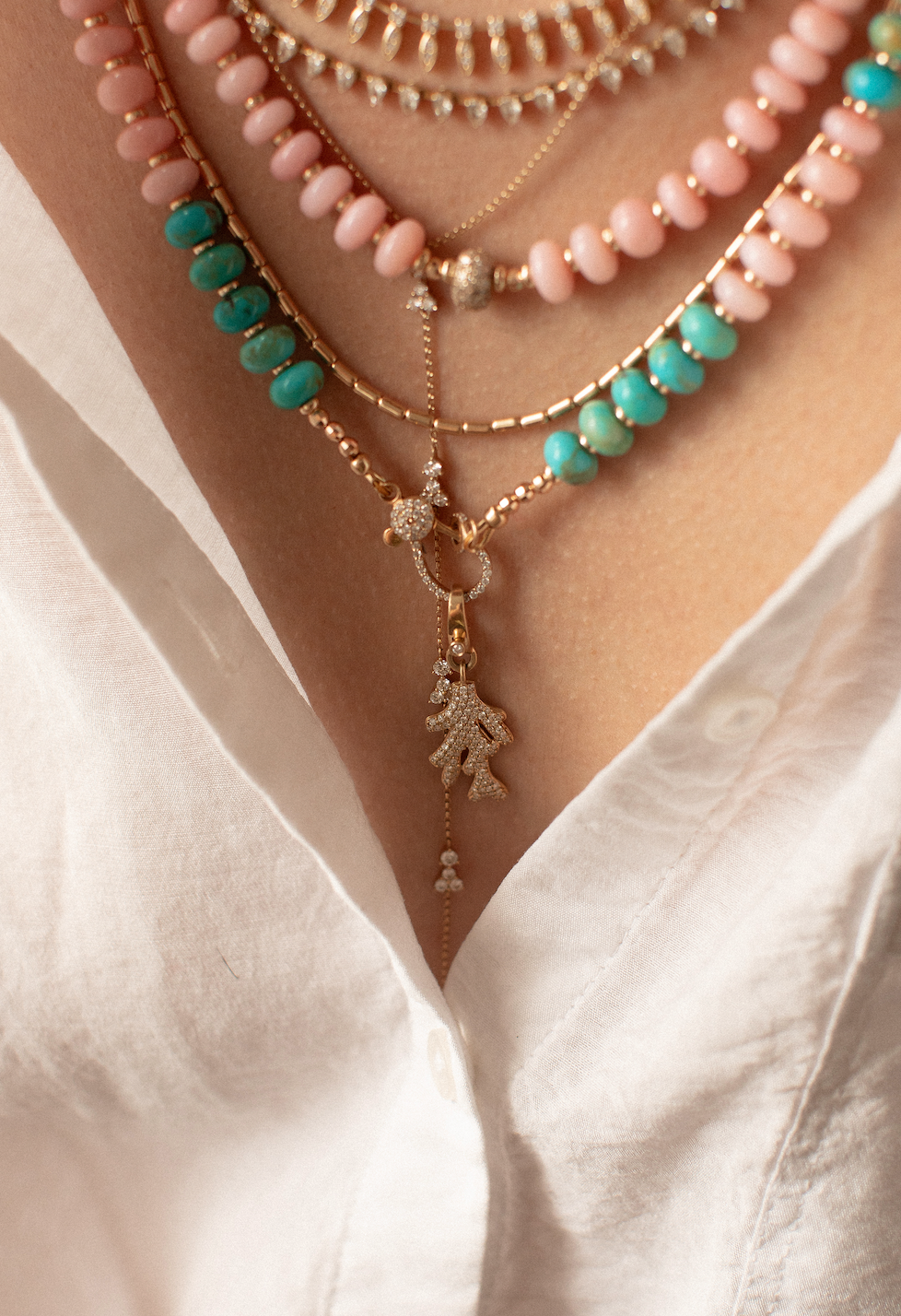 TURQUOISE NECKLACE WITH PINK OPALS AND 14K GOLD & DIAMOND CLASP