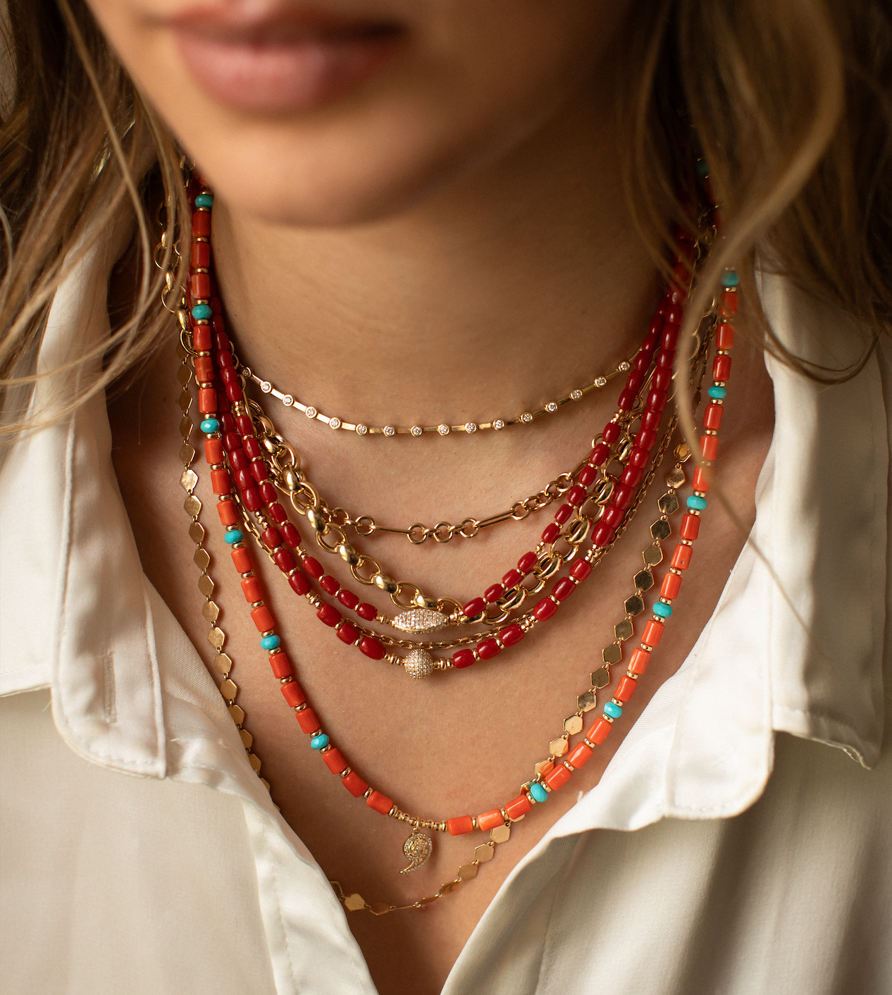 RED CORAL NECKLACES WITH DIAMOND BEAD