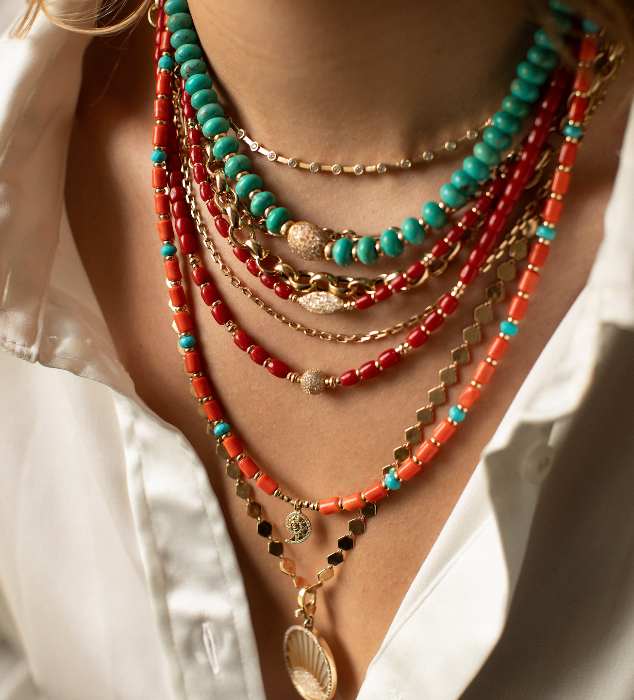 RED CORAL NECKLACES WITH DIAMOND BEAD