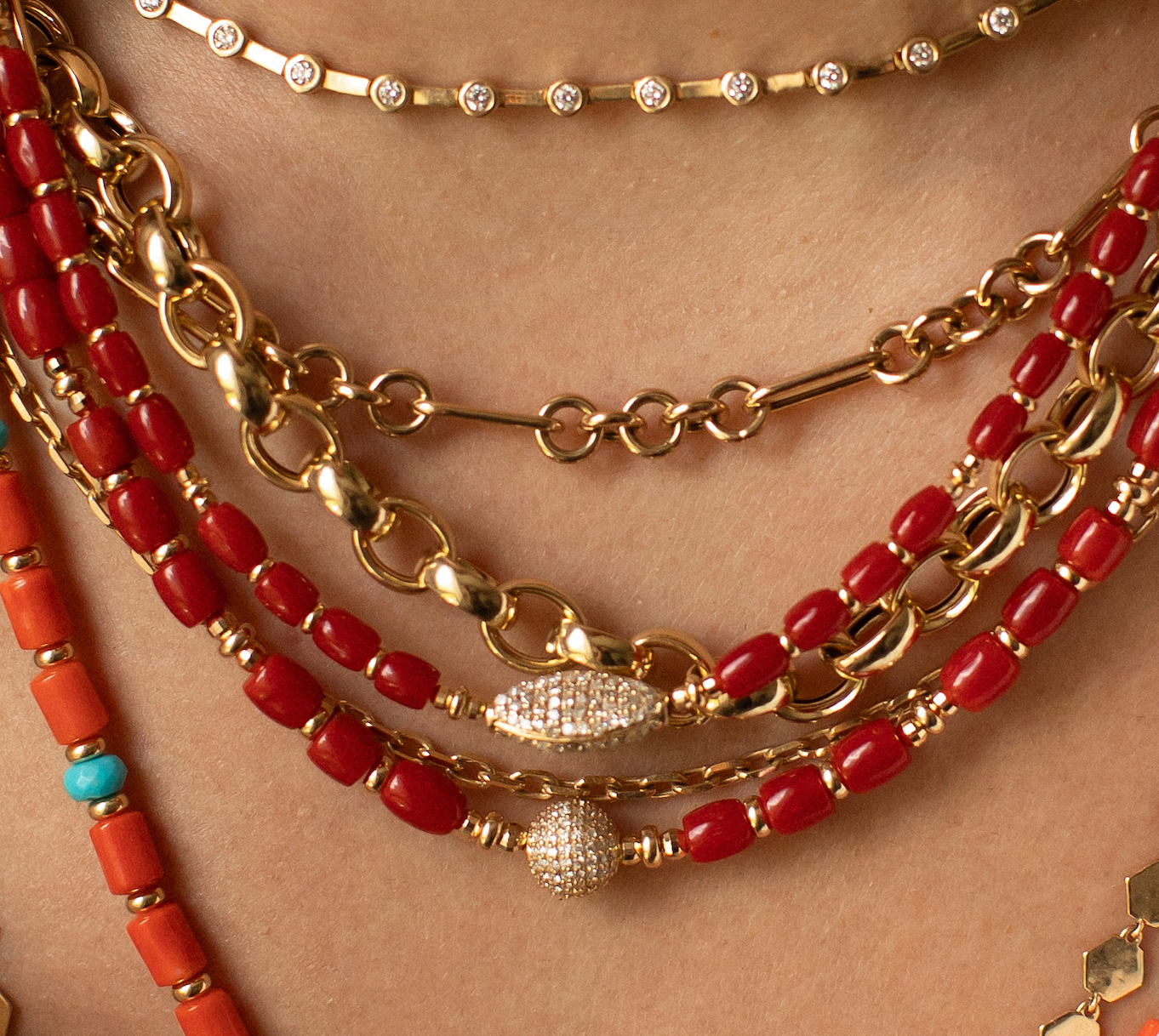 RED CORAL NECKLACES WITH DIAMOND BEAD