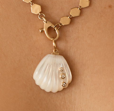 14K GOLD & DIAMOND MOTHER OF PEARL SHELL CHARM