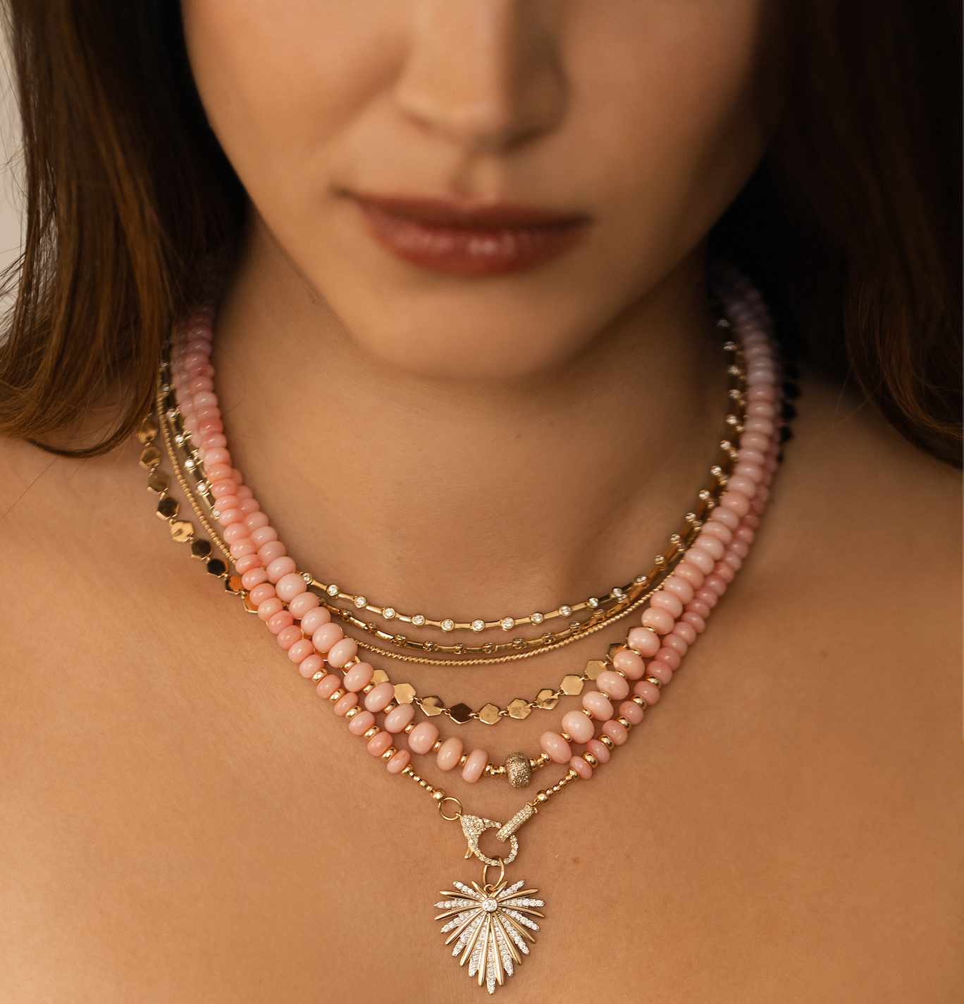 PINK OPAL NECKLACE WITH DIAMOND FRONT FACING CLASP