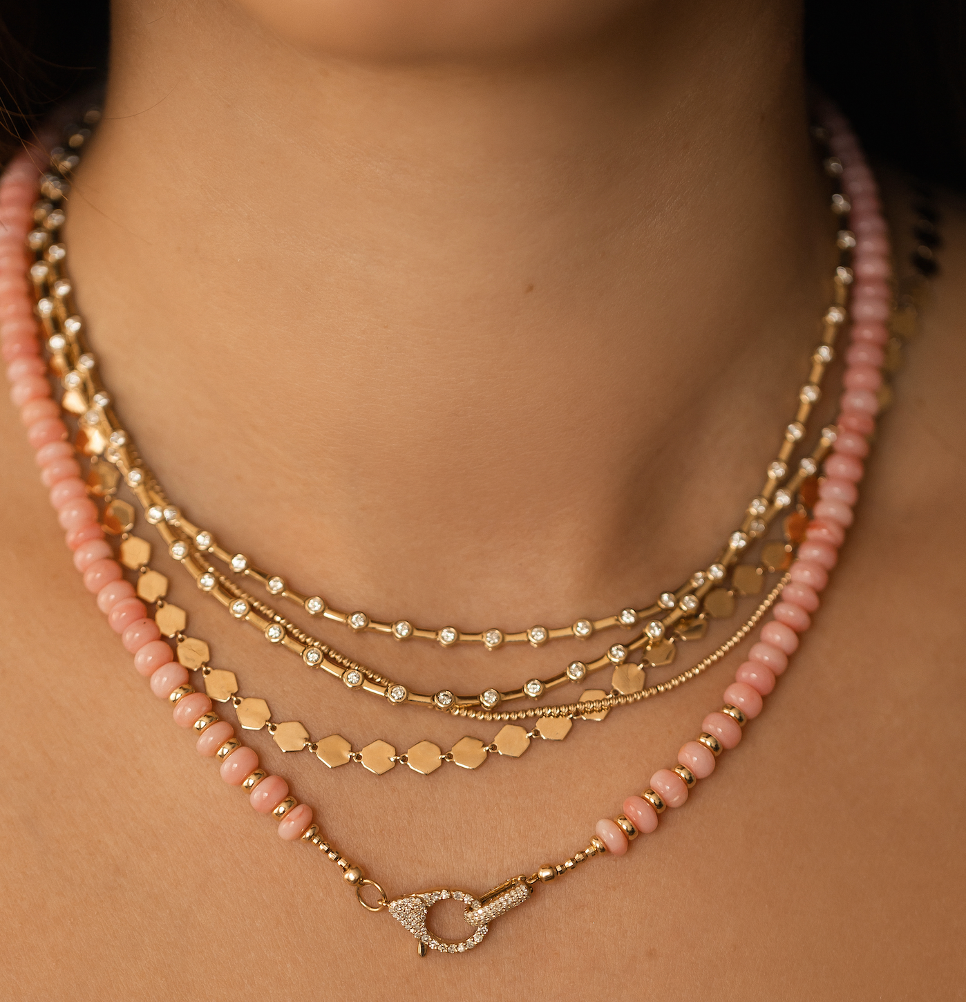 PINK OPAL NECKLACE WITH DIAMOND FRONT FACING CLASP