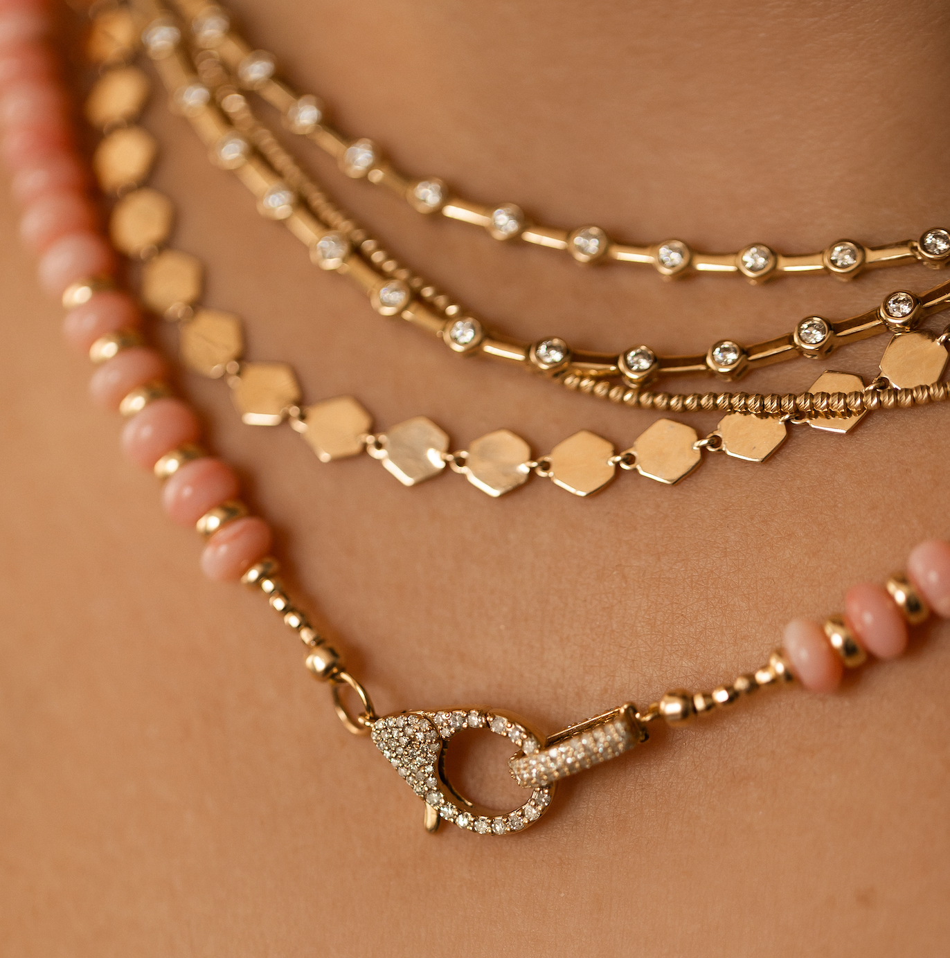 PINK OPAL NECKLACE WITH DIAMOND FRONT FACING CLASP