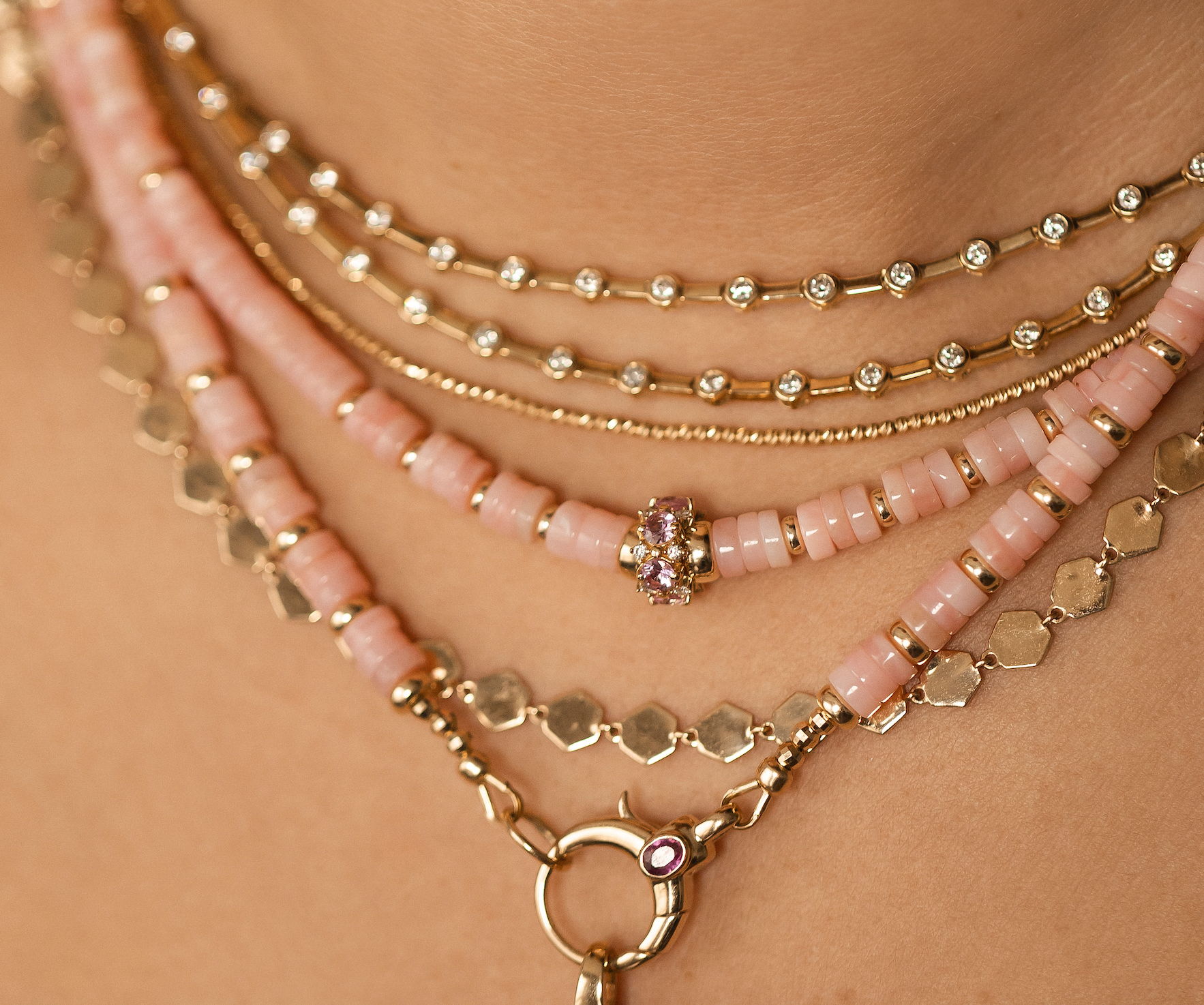PINK OPAL NECKLACE WITH 14K GOLD AND PINK SAPPHIRE FRONT CLASP