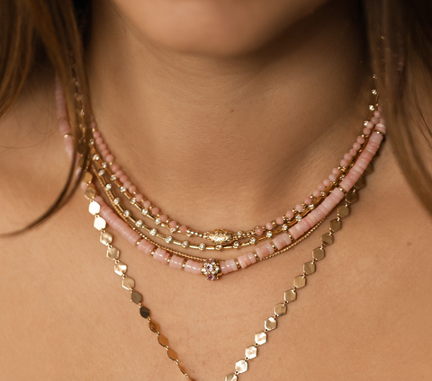PINK OPAL NECKLACE WITH 14K GOLD AND PINK SAPPHIRE BEAD