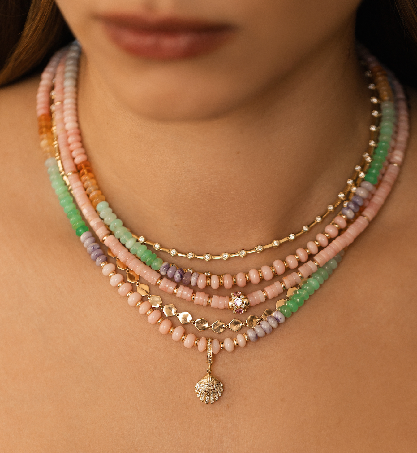 PINK OPAL NECKLACE WITH 14K GOLD AND PINK SAPPHIRE BEAD