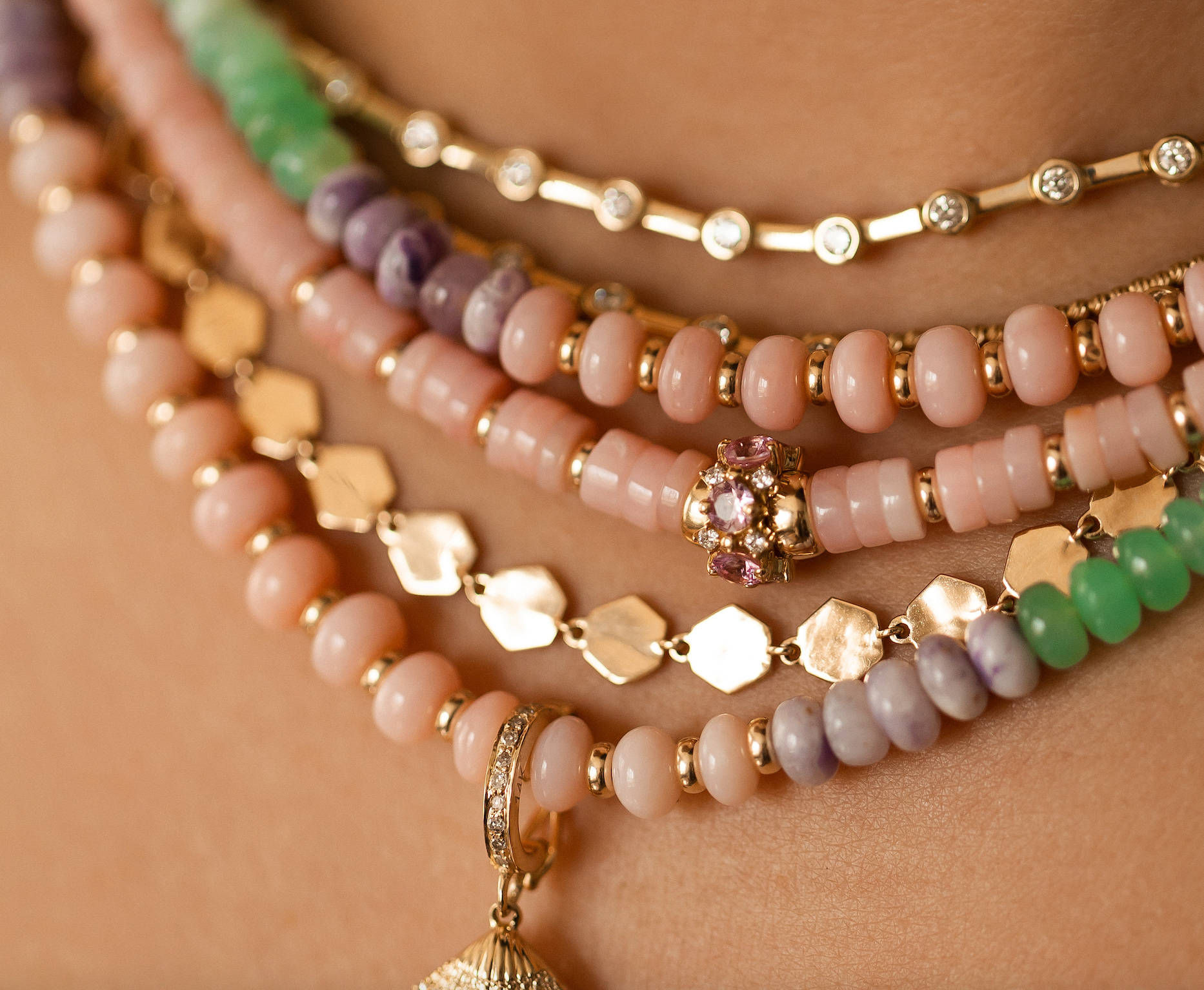 PINK OPAL NECKLACE WITH 14K GOLD AND PINK SAPPHIRE BEAD