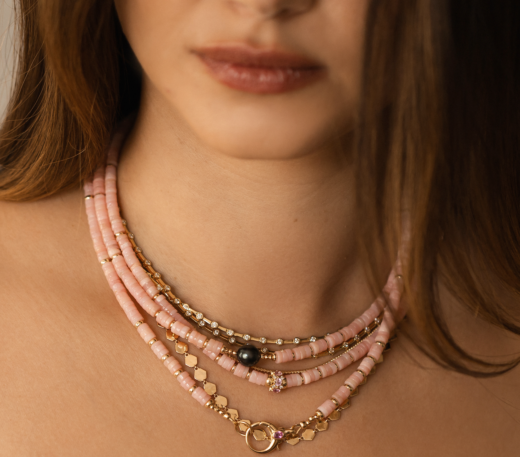 PINK OPAL NECKLACE WITH 14K GOLD AND PINK SAPPHIRE BEAD