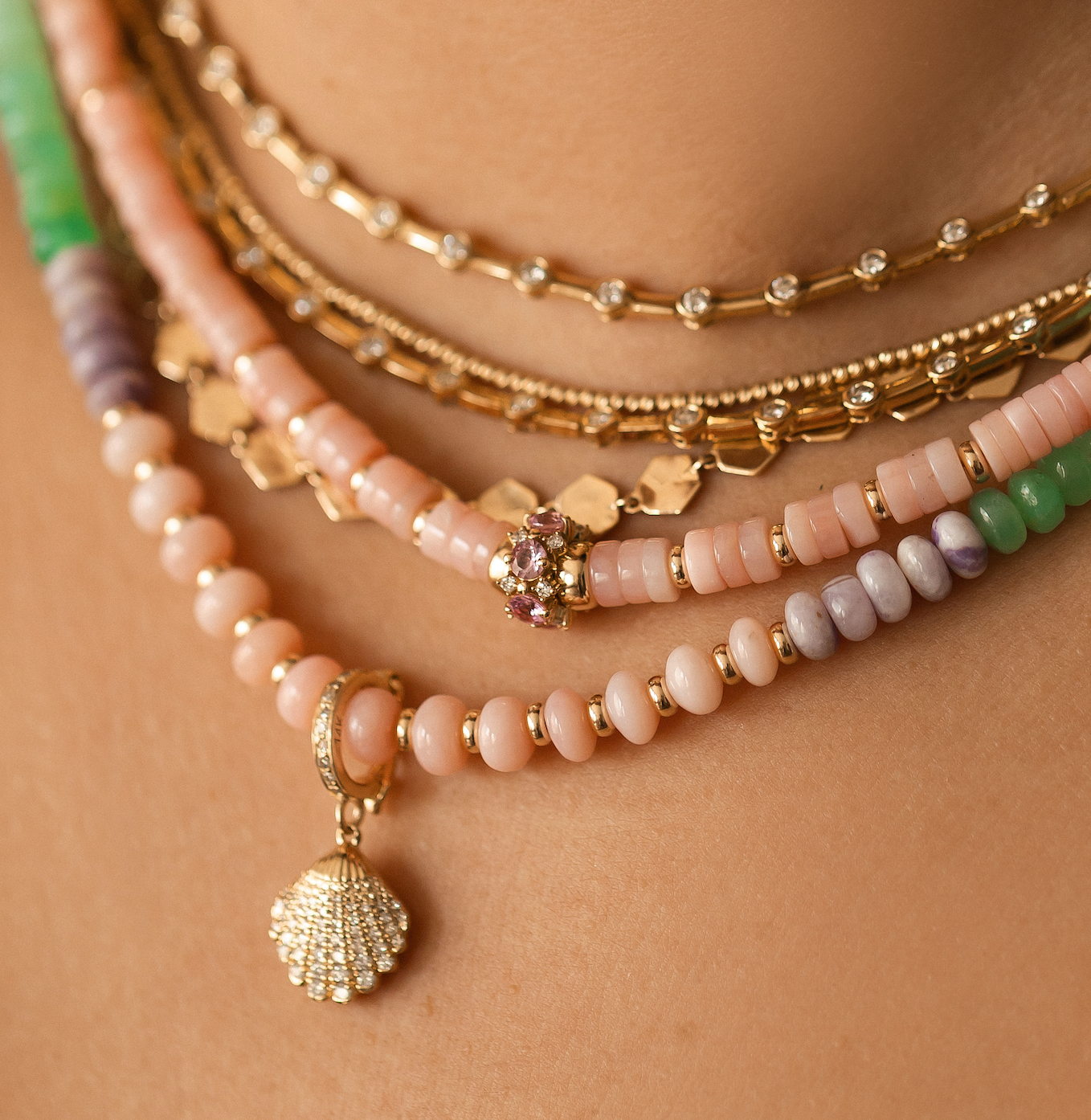 PINK OPAL NECKLACE WITH 14K GOLD AND PINK SAPPHIRE BEAD