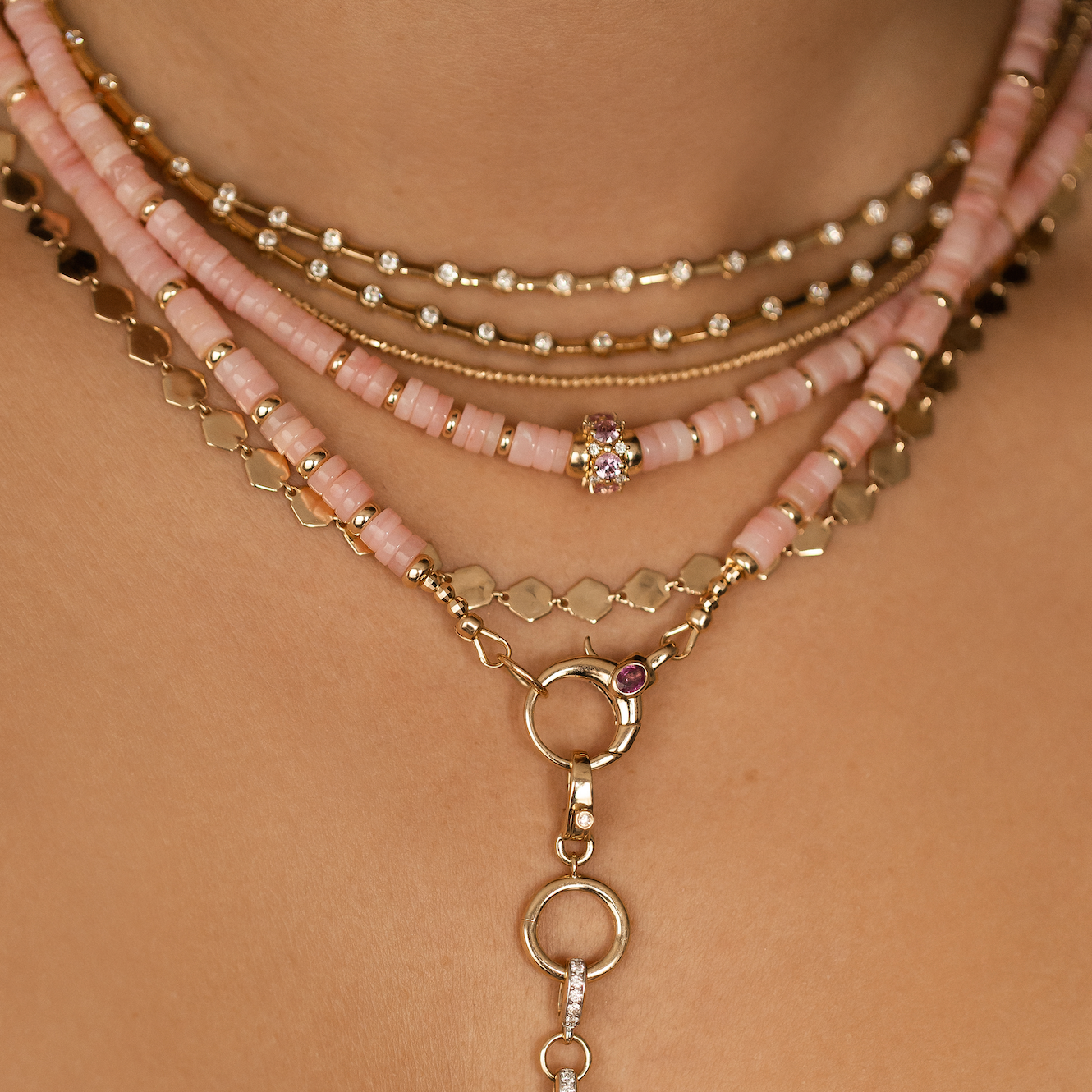 PINK OPAL NECKLACE WITH 14K GOLD AND PINK SAPPHIRE BEAD