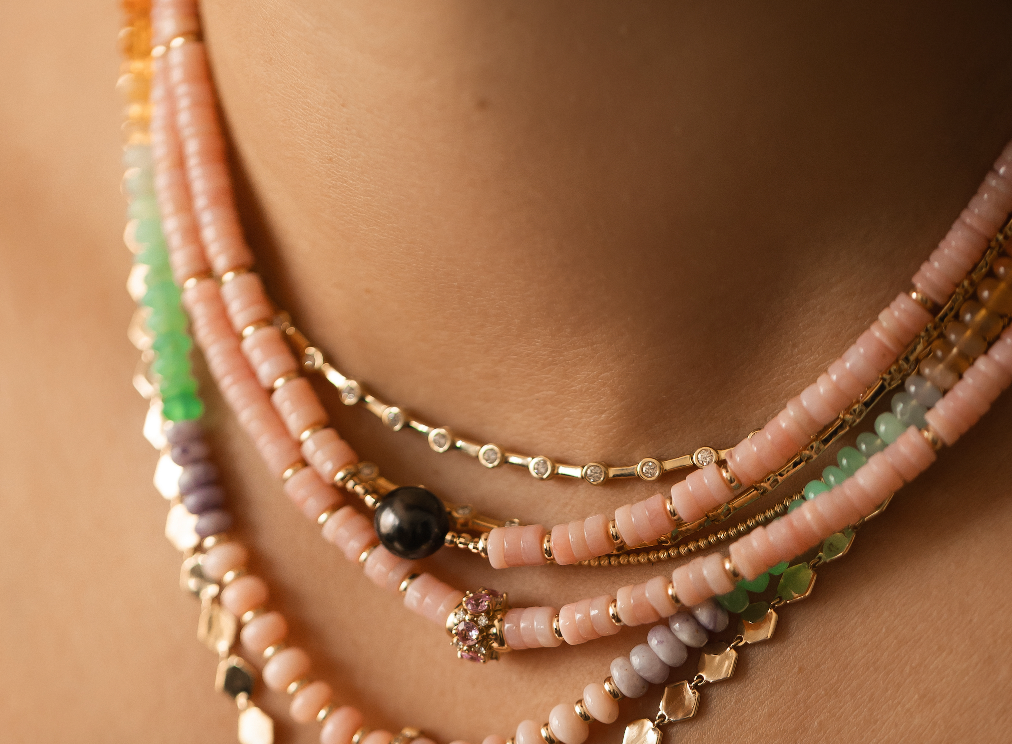 TAHITIAN PEARL AND PINK OPAL BEADED NECKLACE
