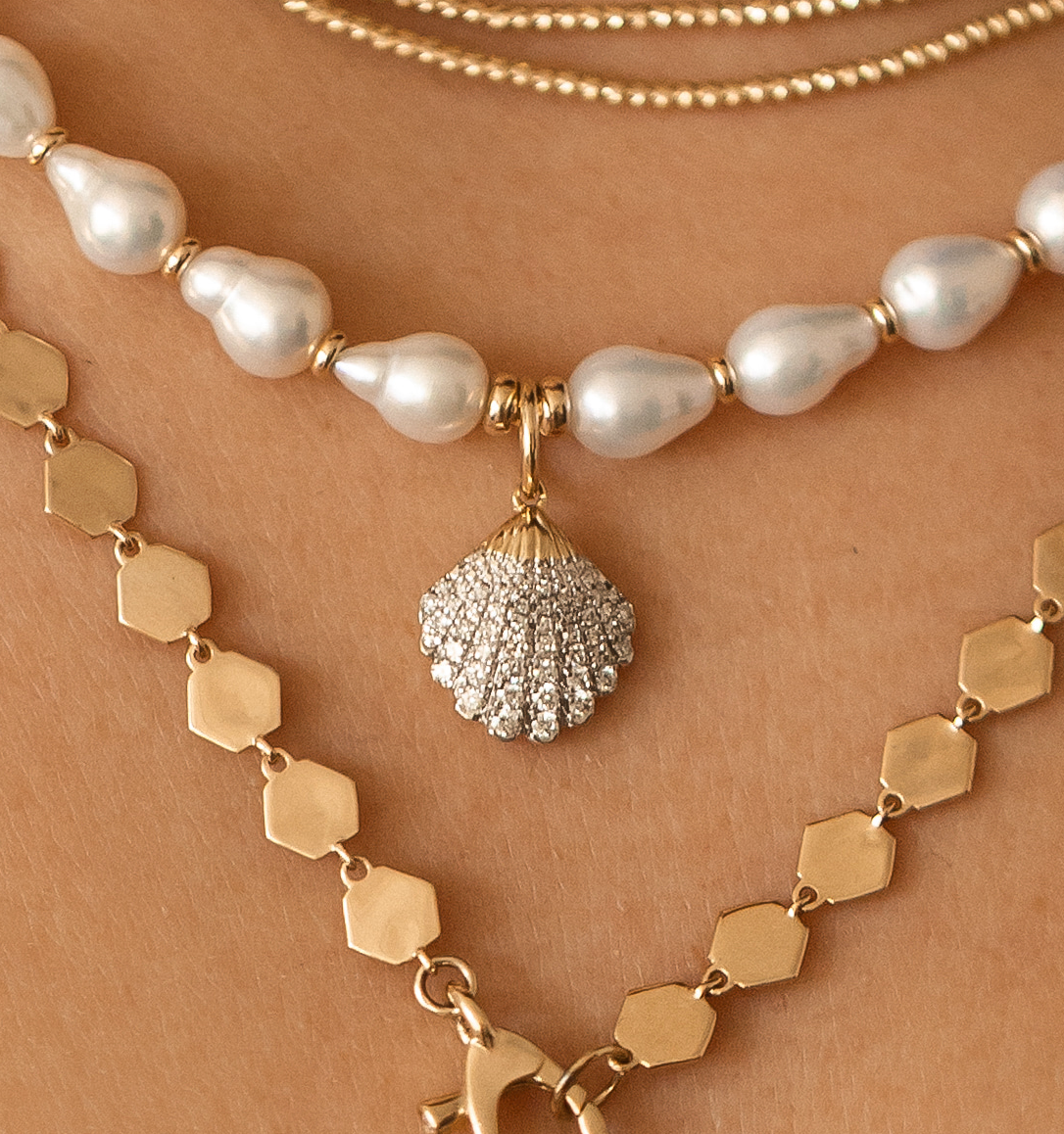 14K SOLID GOLD & DIAMOND SHELL CHARM & NECKLACES