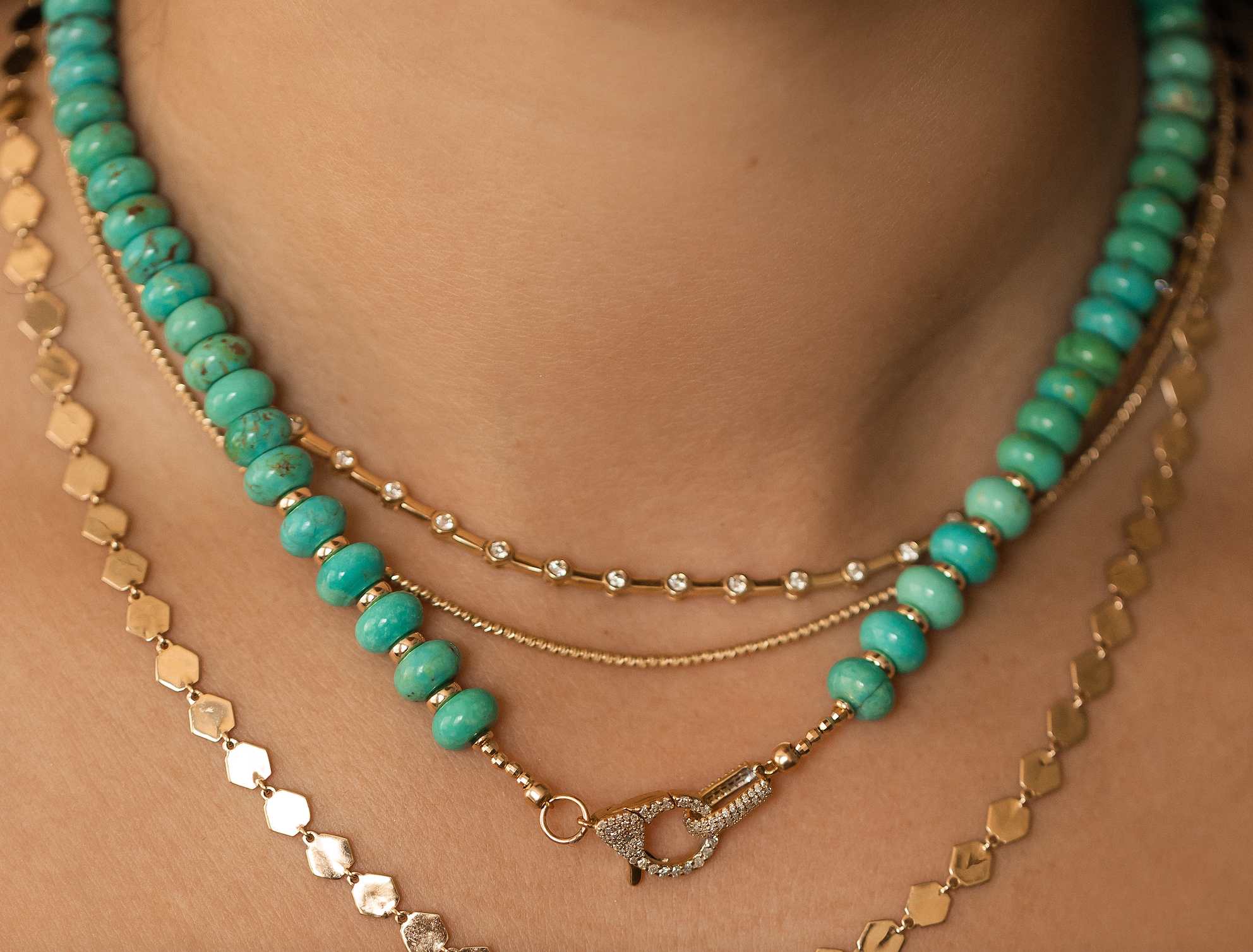 TURQUOISE NECKLACE WITH 14K GOLD AND DIAMOND CLASP