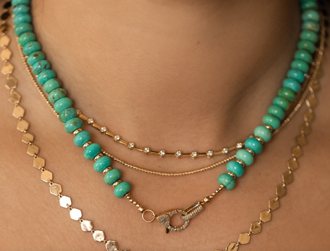 TURQUOISE NECKLACE WITH 14K GOLD AND DIAMOND CLASP