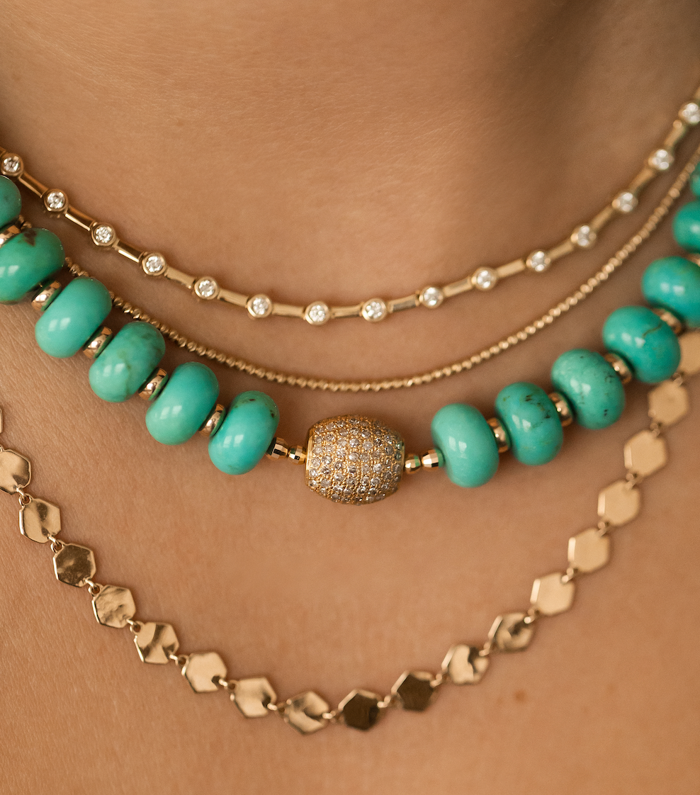 TURQUOISE NECKLACE WITH DIAMOND FOCAL BEAD