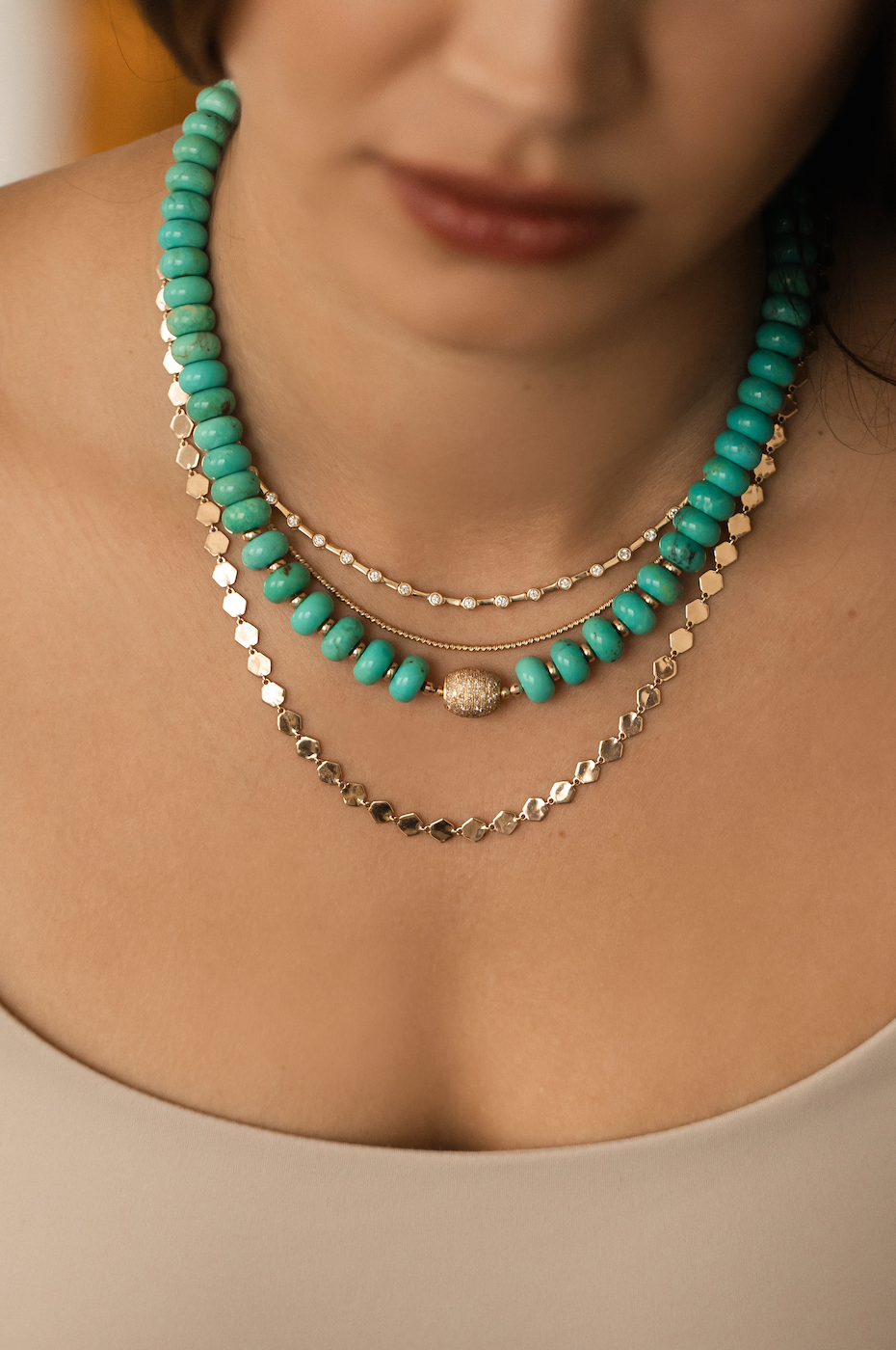 TURQUOISE NECKLACE WITH DIAMOND FOCAL BEAD