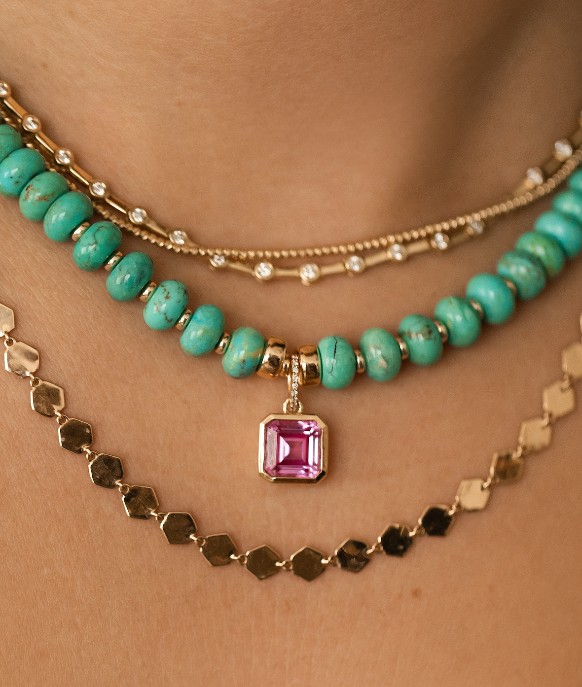 TURQUOISE GEMSTONE NECKLACE WITH PINK TOPAZ CHARM