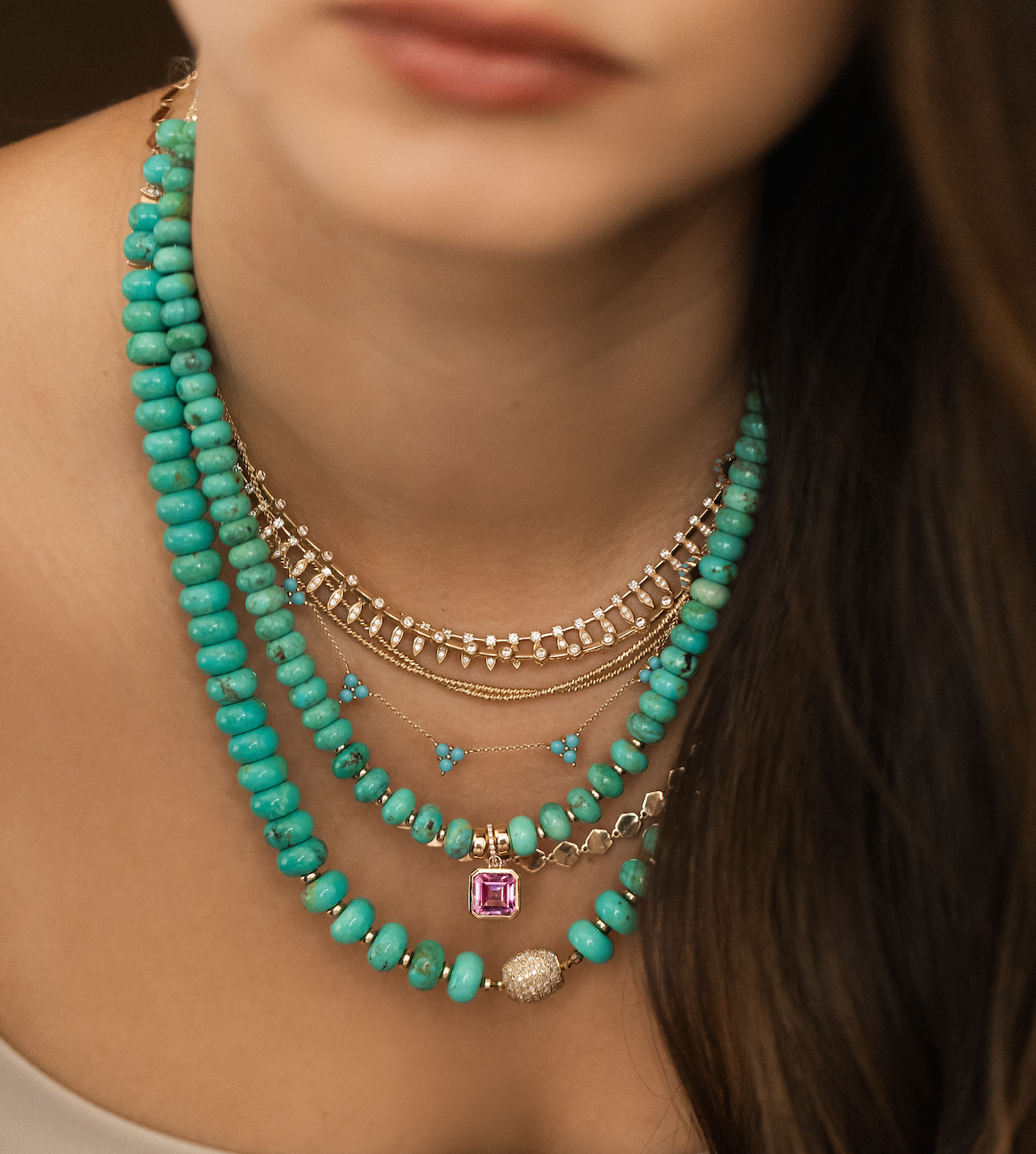 TURQUOISE GEMSTONE NECKLACE WITH PINK TOPAZ CHARM