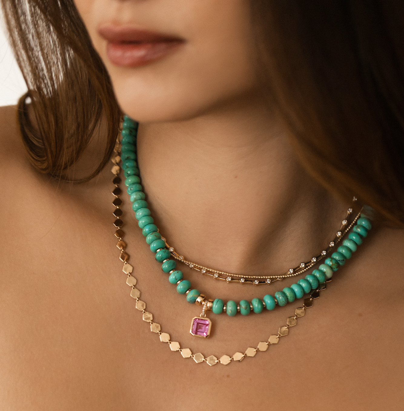 TURQUOISE GEMSTONE NECKLACE WITH PINK TOPAZ CHARM