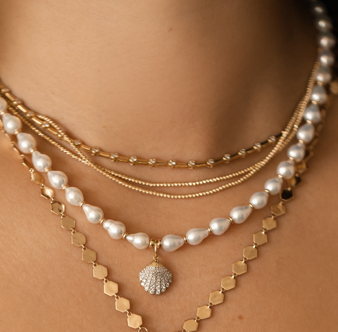 WHITE AKOYA PEARL WITH 14K GOLD AND DIAMOND SHELL CHARM