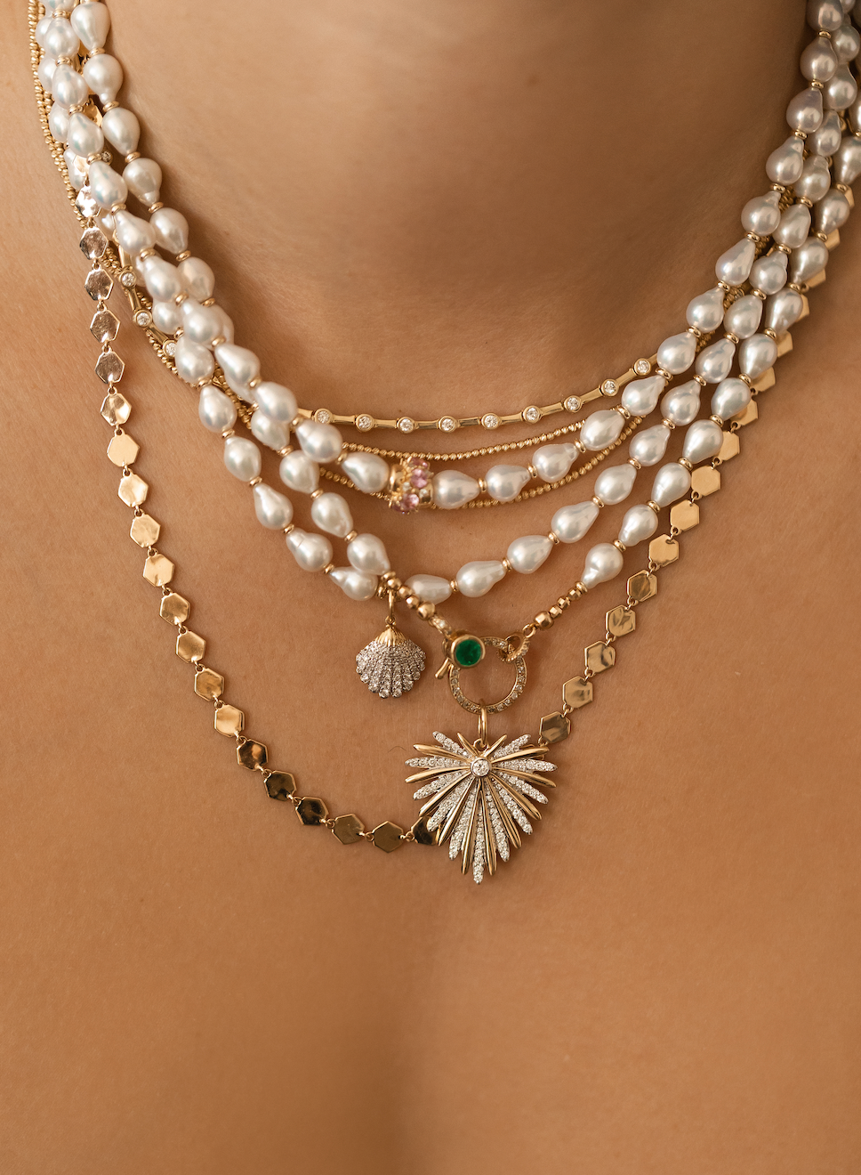 WHITE AKOYA PEARL WITH 14K GOLD AND DIAMOND SHELL CHARM