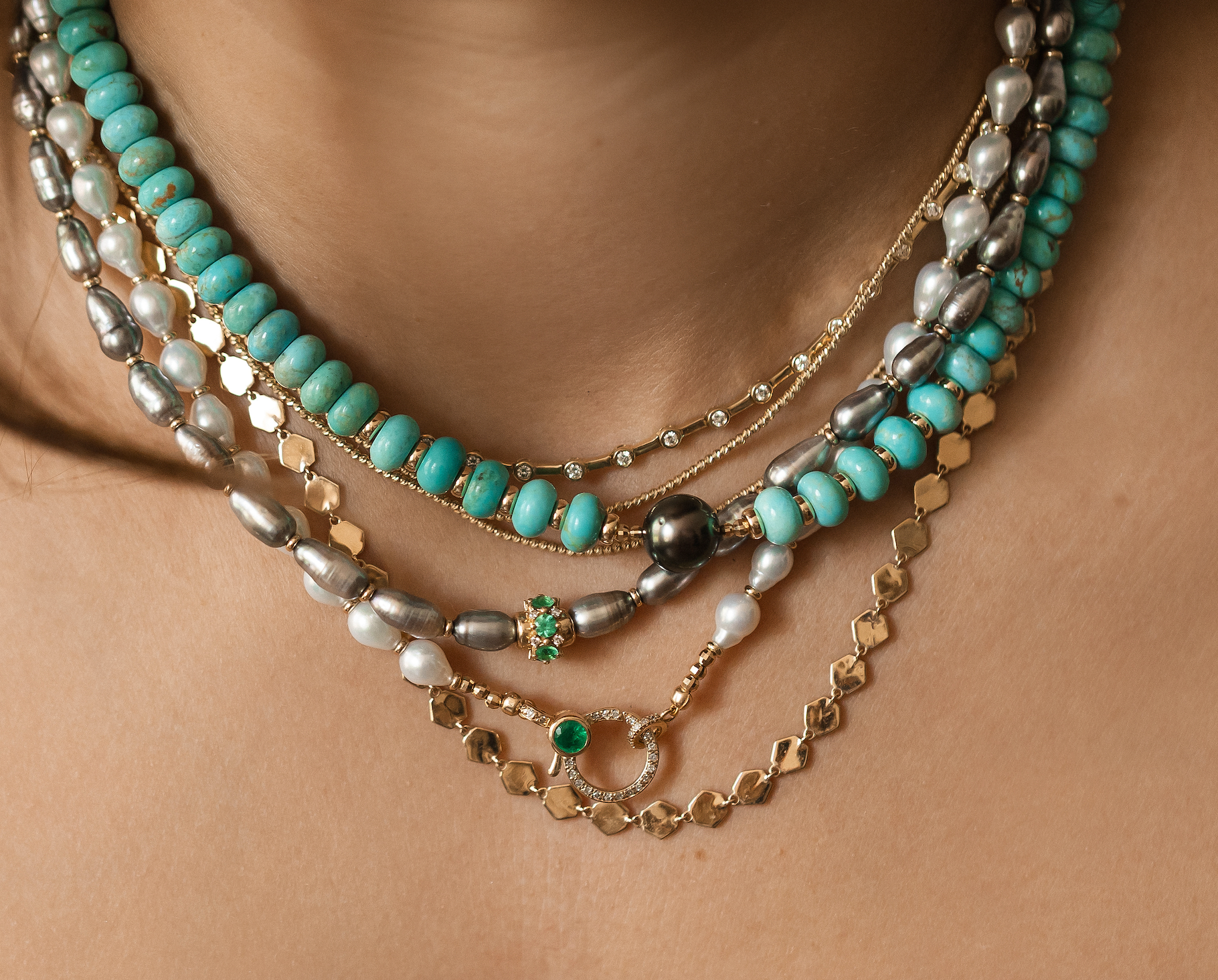 WHITE AKOYA PEARL NECKLACE WITH 14K DIAMOND AND EMERALD FRONT FACING CLASP