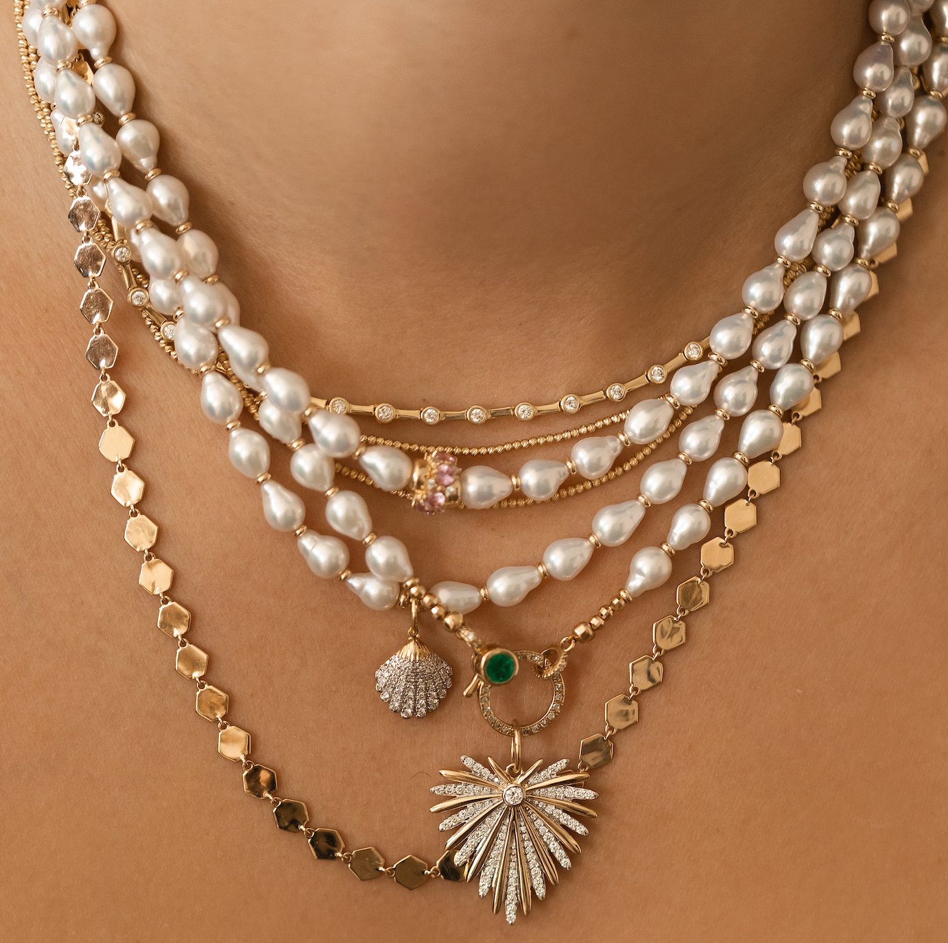 WHITE AKOYA PEARL NECKLACE WITH 14K DIAMOND AND EMERALD FRONT FACING CLASP
