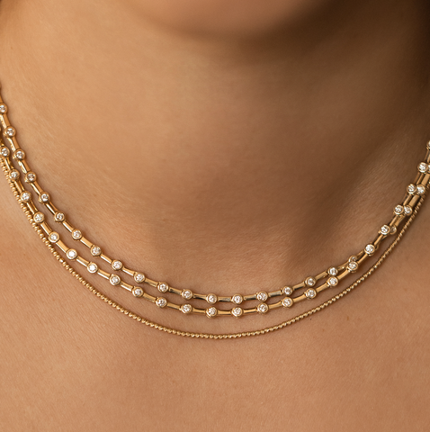 BEZEL DIAMOND TENNIS NECKLACE WITH GOLD BARS