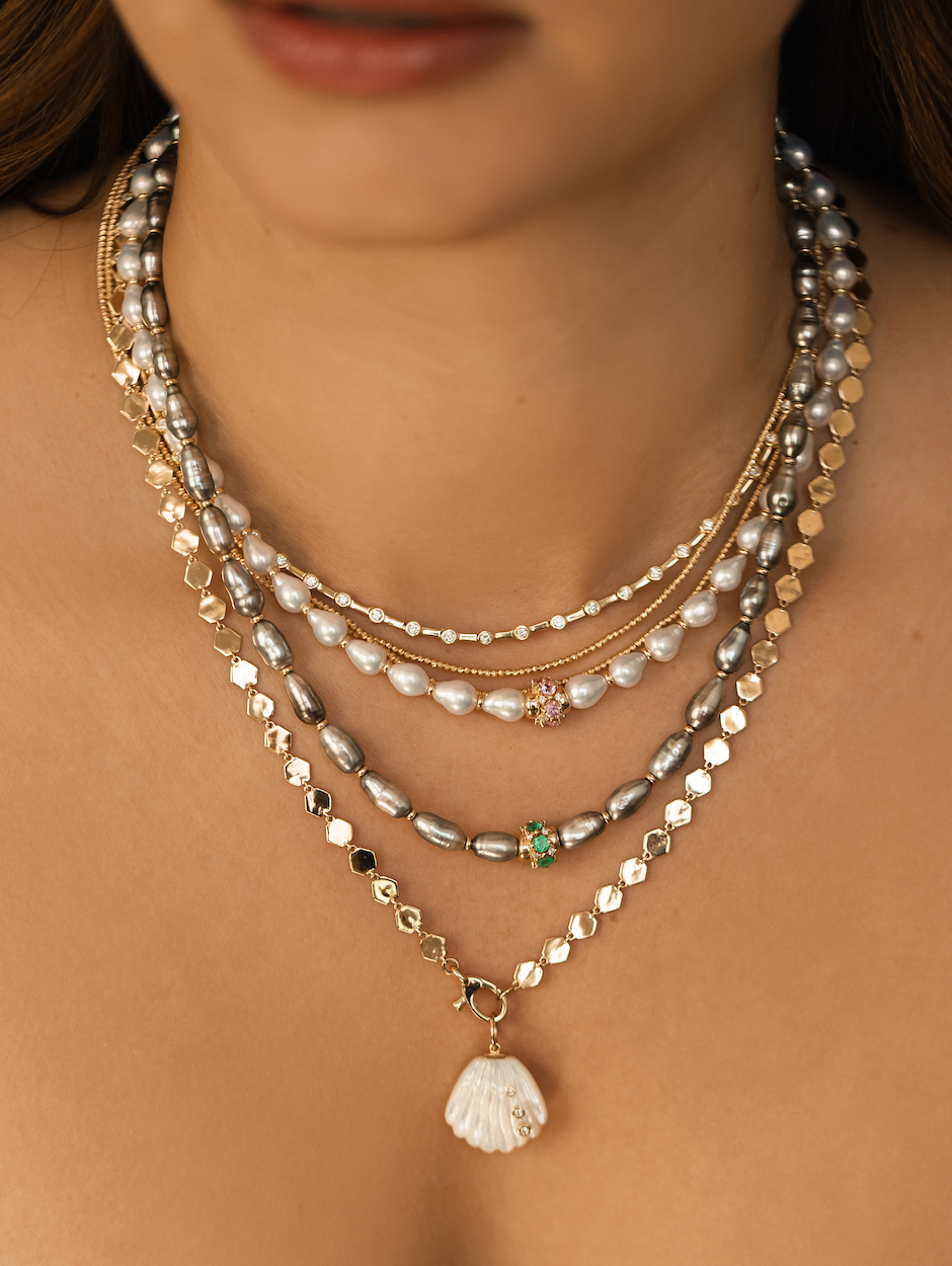 TAHITIAN PEARL AND 14K GOLD AND EMERALD ANTIQUITY NECKLACE