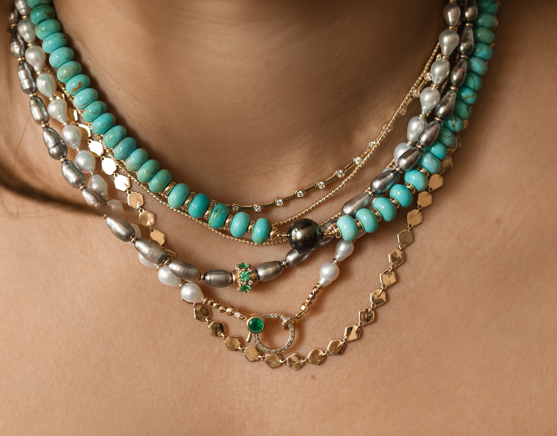 TAHITIAN PEARL AND 14K GOLD AND EMERALD ANTIQUITY NECKLACE