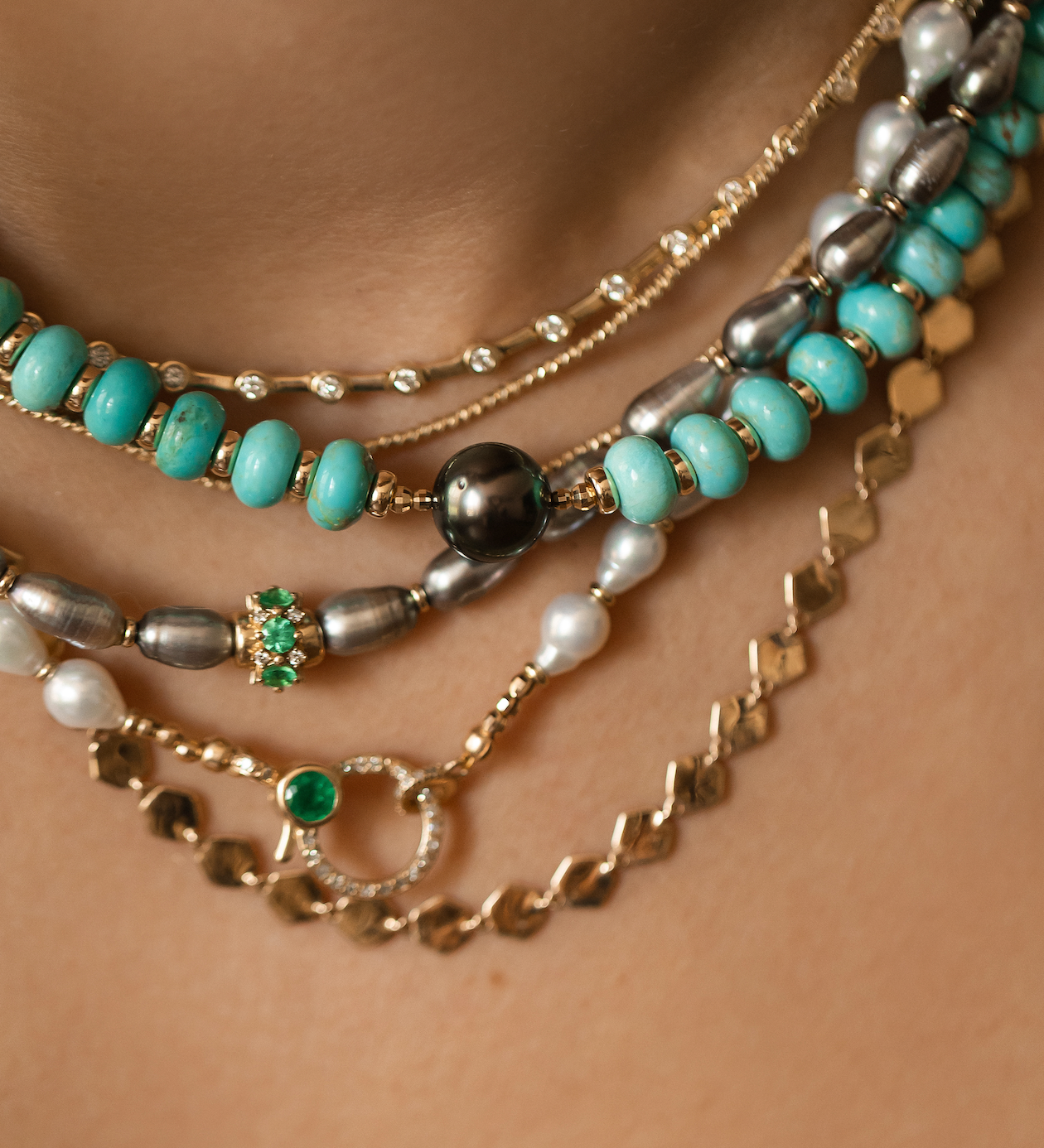 TAHITIAN PEARL AND 14K GOLD AND EMERALD ANTIQUITY NECKLACE
