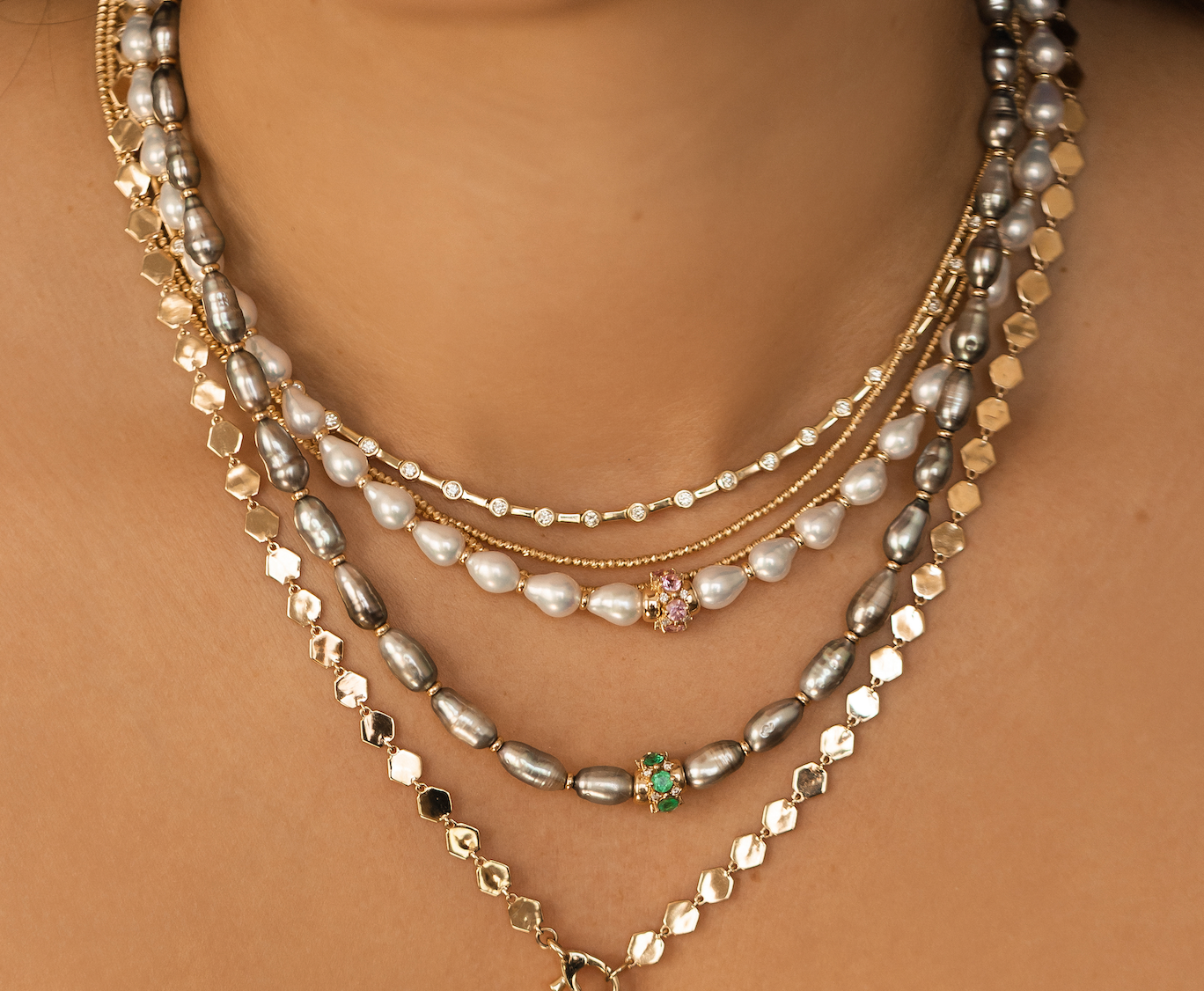 TAHITIAN PEARL AND 14K GOLD AND EMERALD ANTIQUITY NECKLACE