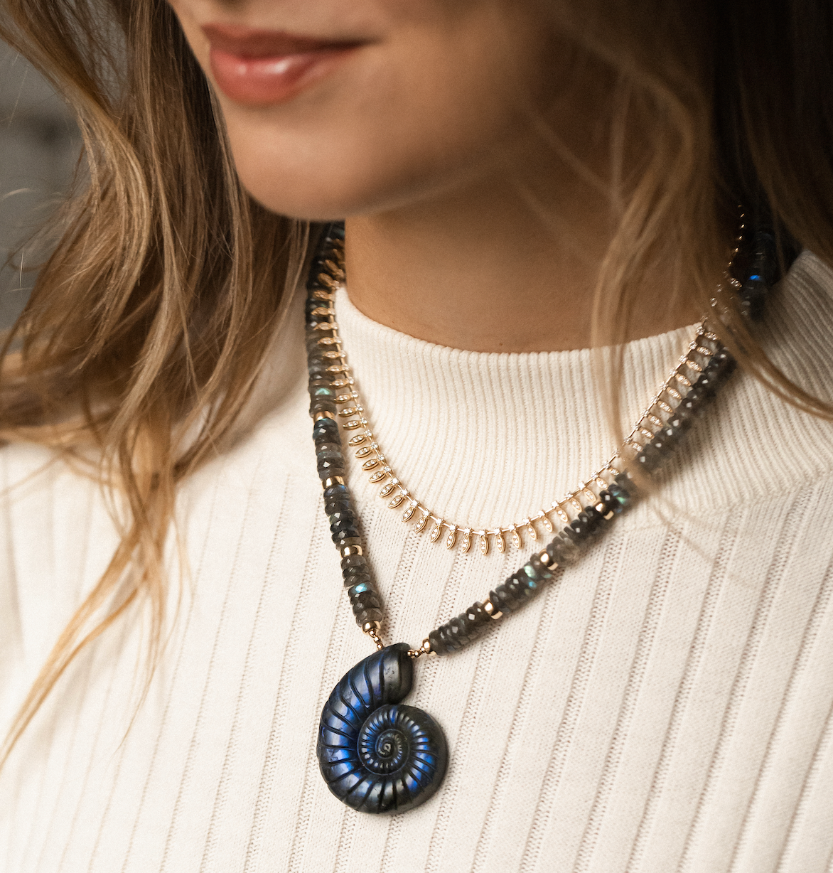 LABRADORITE & CARVED SHELL NECKLACES